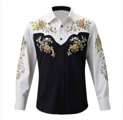 Floral Adorned White and Black Western Shirt