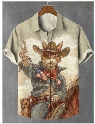 Whimsical Cat Cowboy Western Shirt with American Flags and Peace Sign