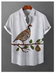 Light Grey Western Shirt with Partridge and Pear Illustration