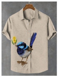 Blue Bird Yellow Flower Linen Western Shirt
