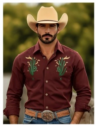 Burgundy Western Shirt with Cactus Accents