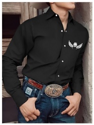 Black Western Shirt with Winged Lion Emblem
