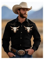 Black Western Shirt with White Bull Heads