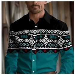 Black and Teal Geometric Pattern Western Shirt