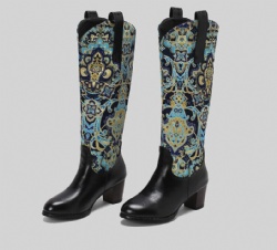 Paisley Print Western Boot with Block Heel
