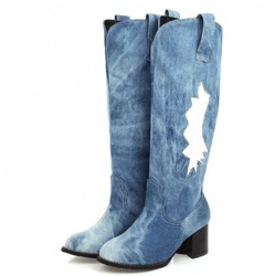 Denim Western Boots with White Cutout Accent