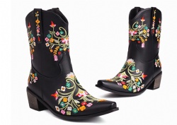Black Western Boot with Floral Stitching