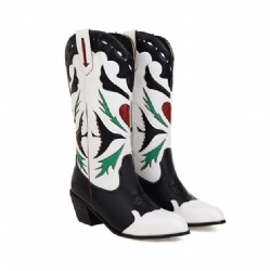 Black and White Western Boot with Red Heart and Green Flame Motifs