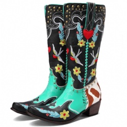 Western Boot with Birds and Flowers in Turquoise and Black
