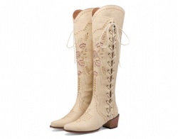 Beige Western Boot with Floral Accents and Lace-Up Front