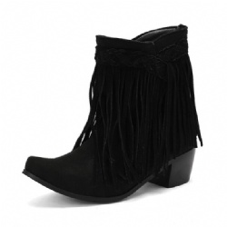 Black Suede Western Boot with Fringe and Braid Accent